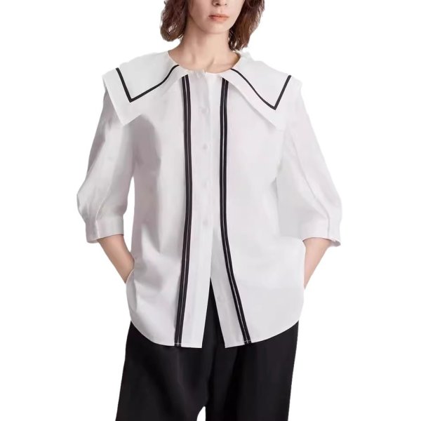 画像1: Women's Black and white contrast sailor collar 5/4 sleeve blouse　ホワイト＆ブラックのコントラストセーラーカラー5分袖ブラウス (1)