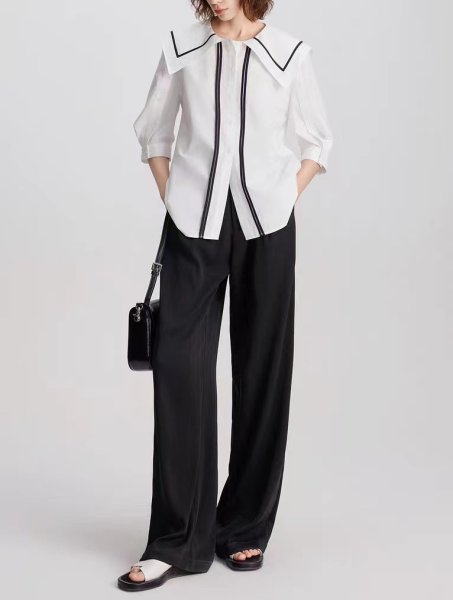 画像6: Women's Black and white contrast sailor collar 5/4 sleeve blouse　ホワイト＆ブラックのコントラストセーラーカラー5分袖ブラウス (6)