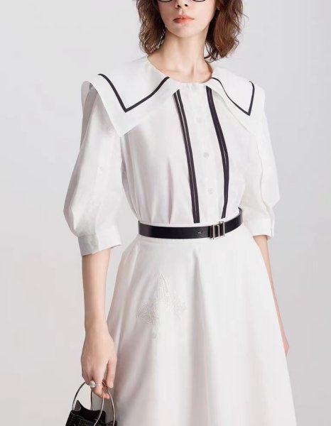 画像3: Women's Black and white contrast sailor collar 5/4 sleeve blouse　ホワイト＆ブラックのコントラストセーラーカラー5分袖ブラウス (3)