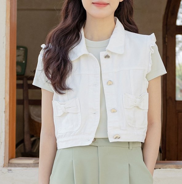 画像3: Women's Ribbon sleeveless white denim vest　リボンノースリーブホワイトデニムベスト (3)
