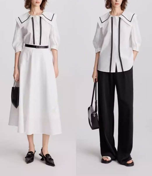 画像4: Women's Black and white contrast sailor collar 5/4 sleeve blouse　ホワイト＆ブラックのコントラストセーラーカラー5分袖ブラウス (4)