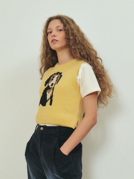 画像1: Women's  Dog-knit round neck knit vest　ドッグ編み込みラウンドネックニットベストセーター (1)