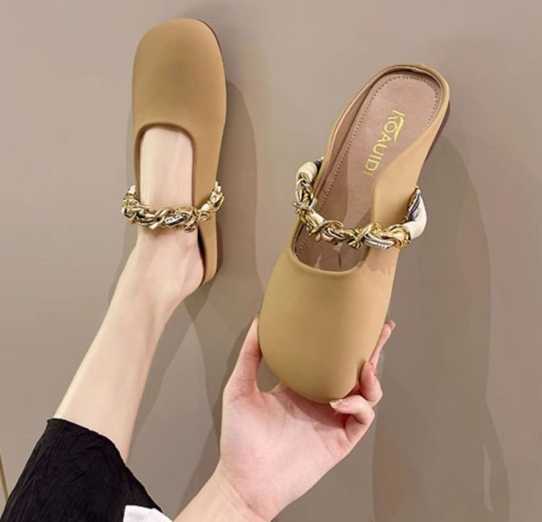 画像6: Scarf chain half pumps Sandals Shoes　フラットレザースカーフチェーン付きハーフパンプスシューズ (6)