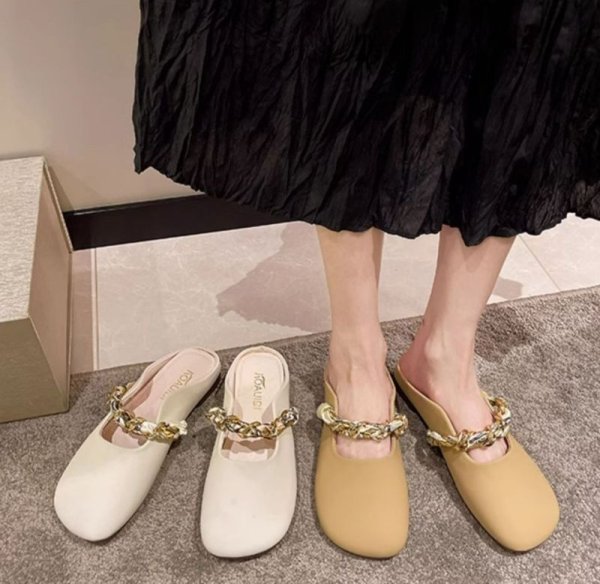 画像4: Scarf chain half pumps Sandals Shoes　フラットレザースカーフチェーン付きハーフパンプスシューズ (4)