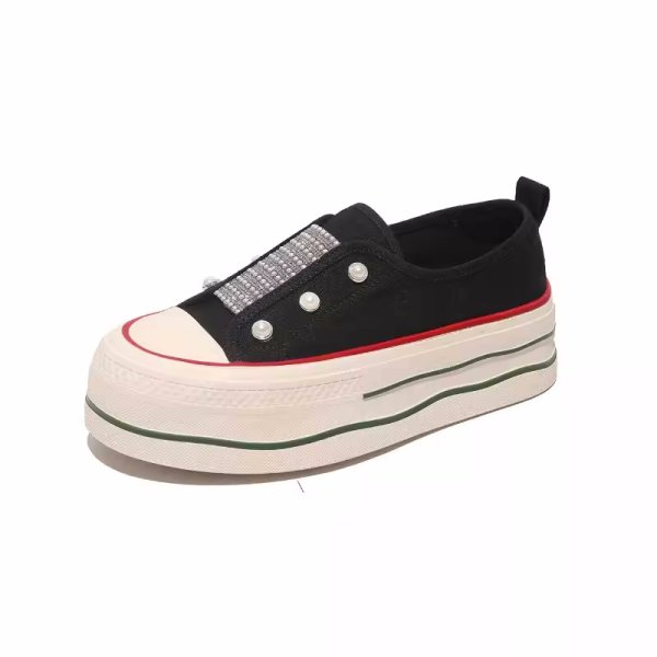 画像1: rhinestones Lace-up platform canvas sneakers　男女兼用ユニセックスラインストーン＆パール付き厚底レースアップキャンバススニーカー (1)