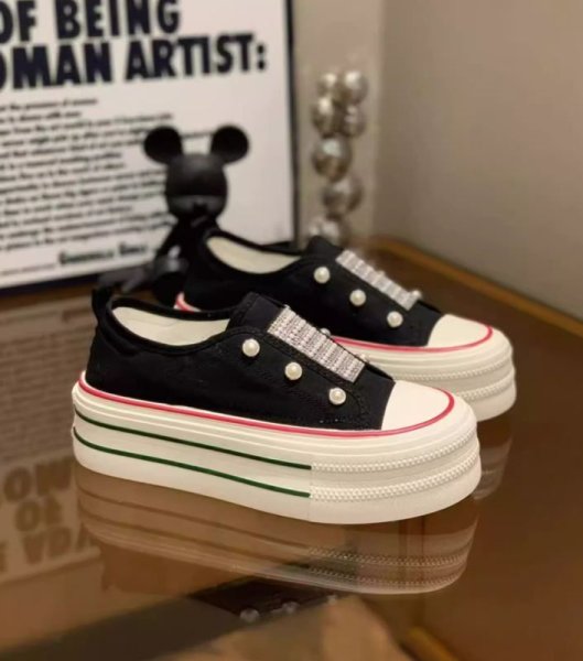 画像7: rhinestones Lace-up platform canvas sneakers　男女兼用ユニセックスラインストーン＆パール付き厚底レースアップキャンバススニーカー (7)