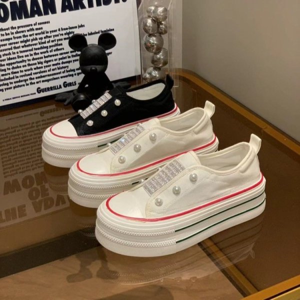 画像5: rhinestones Lace-up platform canvas sneakers　男女兼用ユニセックスラインストーン＆パール付き厚底レースアップキャンバススニーカー (5)