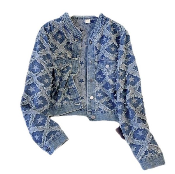 画像2: Women's Short length Star fringe denim jacket outer 　ショート丈スターフリンジデニムGジャンジャケットアウター (2)