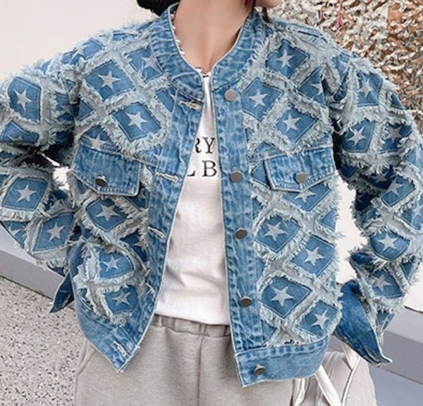 画像1: Women's Short length Star fringe denim jacket outer 　ショート丈スターフリンジデニムGジャンジャケットアウター (1)