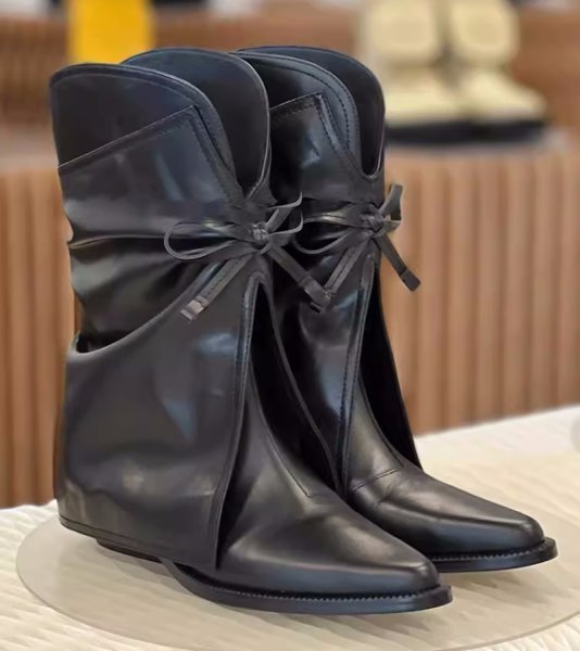 画像4: Genuine Leather V-neck Bow Mid-leg Pant Boots 　本革Vネックボウミッドレッグパンツマントブーツシューズ (4)