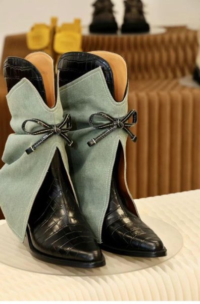 画像6: Genuine Leather V-neck Bow Mid-leg Pant Boots 　本革Vネックボウミッドレッグパンツマントブーツシューズ (6)
