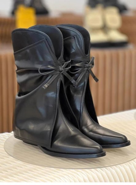 画像2: Genuine Leather V-neck Bow Mid-leg Pant Boots 　本革Vネックボウミッドレッグパンツマントブーツシューズ (2)