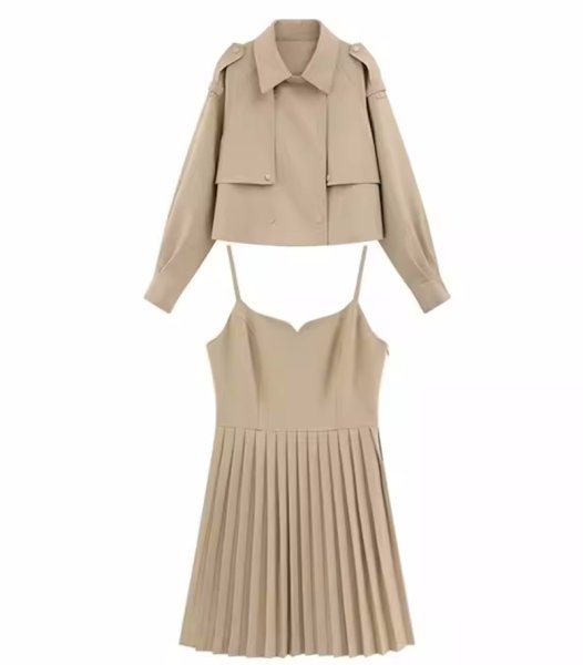 画像1: Women's  loose short lapel khaki jacket suspenders pleated skirt two-piece suit set up   ショートラペルベージュジャケットサスペンダープリーツスカートツーピーススーツセットアップ (1)