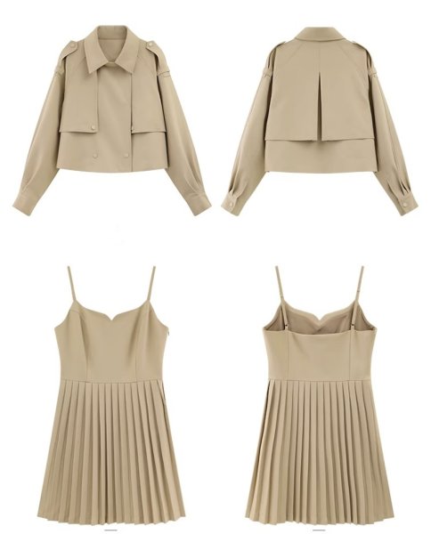 画像5: Women's  loose short lapel khaki jacket suspenders pleated skirt two-piece suit set up   ショートラペルベージュジャケットサスペンダープリーツスカートツーピーススーツセットアップ (5)