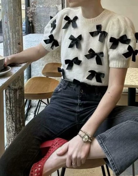 画像3: Women's Round neck ribbon round neck sweater knit  ラウンドネックリボンラウンドネックセーター　ニット (3)