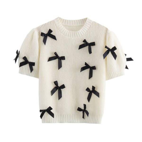 画像1: Women's Round neck ribbon round neck sweater knit  ラウンドネックリボンラウンドネックセーター　ニット (1)