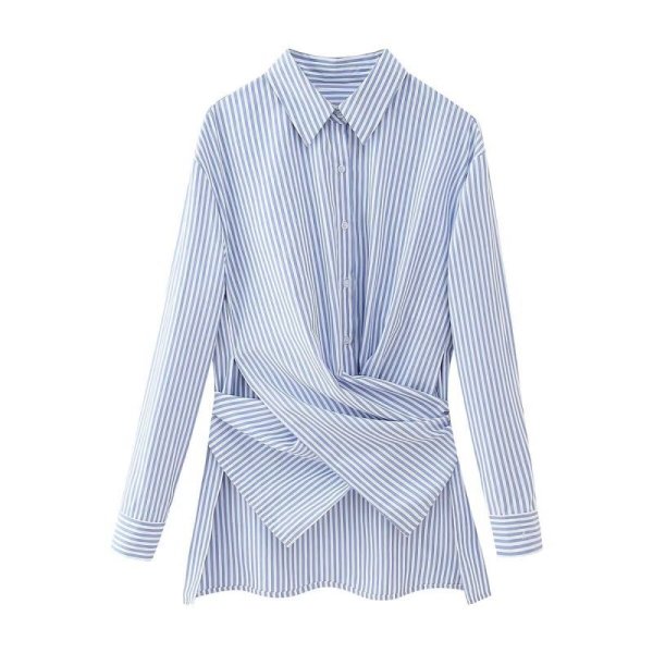 画像2: Women's Loose striped strap long sleeve shirt tunic blouse　ストライプ変形スタイル長袖ブラウスシャツチュニック (2)