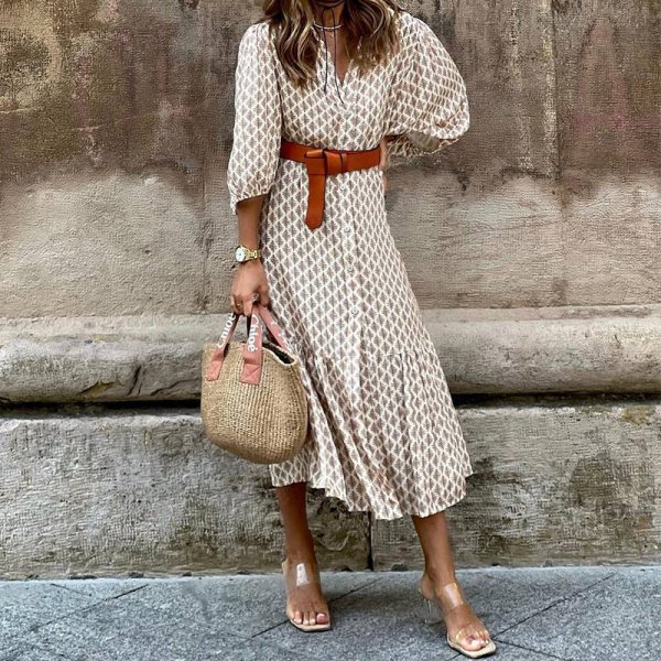 画像8: Women's  Classic print V-neck long maxi dress One piece　クラシカルプリントVネックロングマキシワンピースドレス (8)