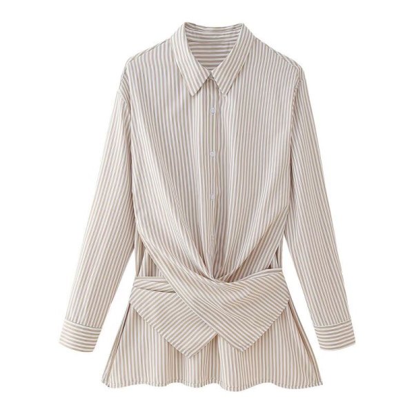 画像3: Women's Loose striped strap long sleeve shirt tunic blouse　ストライプ変形スタイル長袖ブラウスシャツチュニック (3)