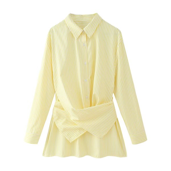 画像7: Women's Loose striped strap long sleeve shirt tunic blouse　ストライプ変形スタイル長袖ブラウスシャツチュニック (7)