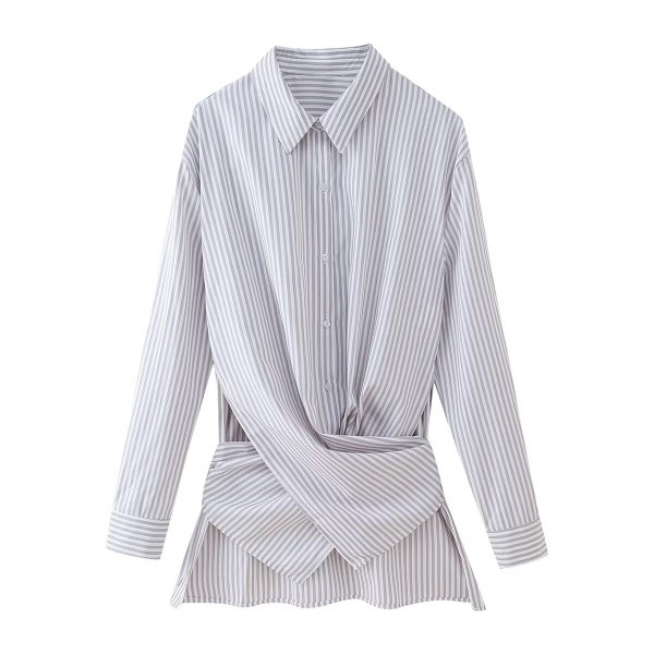 画像5: Women's Loose striped strap long sleeve shirt tunic blouse　ストライプ変形スタイル長袖ブラウスシャツチュニック (5)