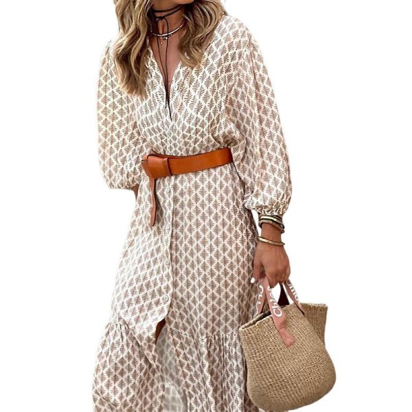 画像2: Women's  Classic print V-neck long maxi dress One piece　クラシカルプリントVネックロングマキシワンピースドレス (2)