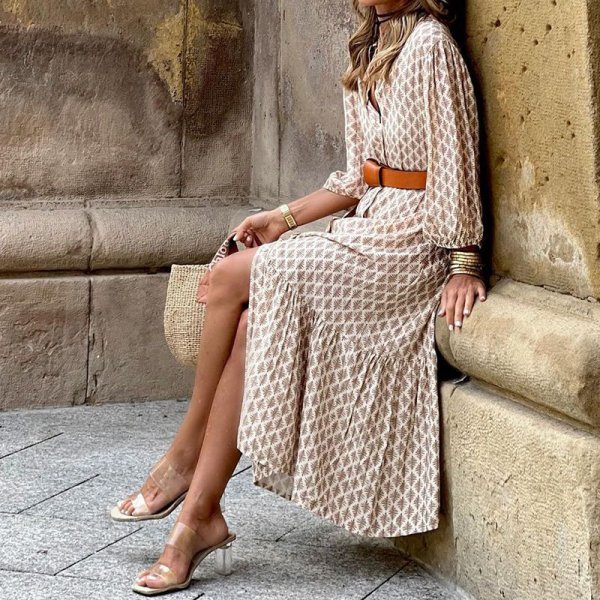 画像7: Women's  Classic print V-neck long maxi dress One piece　クラシカルプリントVネックロングマキシワンピースドレス (7)