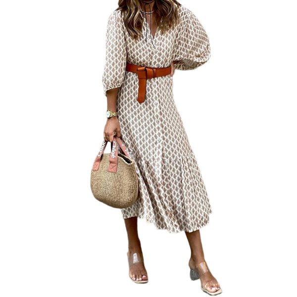 画像1: Women's  Classic print V-neck long maxi dress One piece　クラシカルプリントVネックロングマキシワンピースドレス (1)