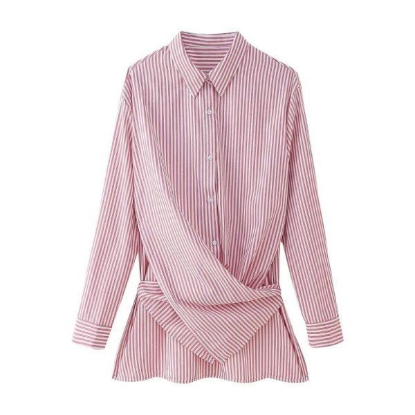 画像6: Women's Loose striped strap long sleeve shirt tunic blouse　ストライプ変形スタイル長袖ブラウスシャツチュニック (6)