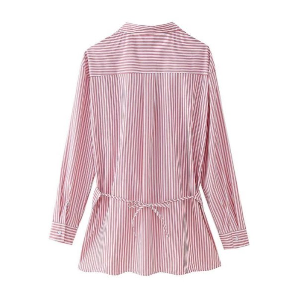 画像11: Women's Loose striped strap long sleeve shirt tunic blouse　ストライプ変形スタイル長袖ブラウスシャツチュニック (11)