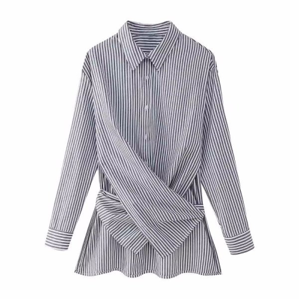 画像4: Women's Loose striped strap long sleeve shirt tunic blouse　ストライプ変形スタイル長袖ブラウスシャツチュニック (4)
