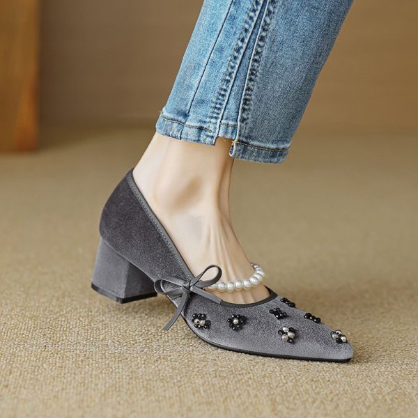 画像8: Pearl & ribbon high heel suede pumps shoes 　パール&リボンハイヒールスエードパンプスシューズ (8)