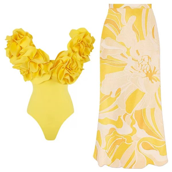 画像2: Women's Flower tube top one piece swimsuit long skirt swimsuit + skirt set　フラワーチューブトップワンピース水着ロングスカート 水着+スカートセット (2)