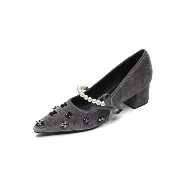 画像2: Pearl & ribbon high heel suede pumps shoes 　パール&リボンハイヒールスエードパンプスシューズ (2)