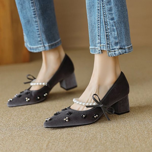 画像6: Pearl & ribbon high heel suede pumps shoes 　パール&リボンハイヒールスエードパンプスシューズ (6)