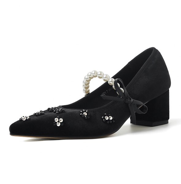 画像1: Pearl & ribbon high heel suede pumps shoes 　パール&リボンハイヒールスエードパンプスシューズ (1)