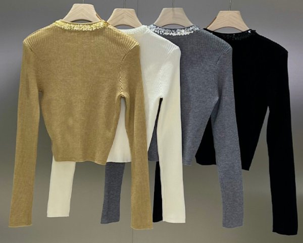 画像11: Women's Sequined round neck ribbed short sweater knit 　スパンコールラウンドネックリブ ショート丈セーター ニット (11)