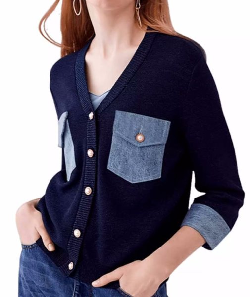 画像5: Women's Long sleeve V neck double pocket beaded slim fit commuter style knit cardigan sweater 　Vネックダブルデニムポケットビジュー長袖カーディガンセーターニット (5)