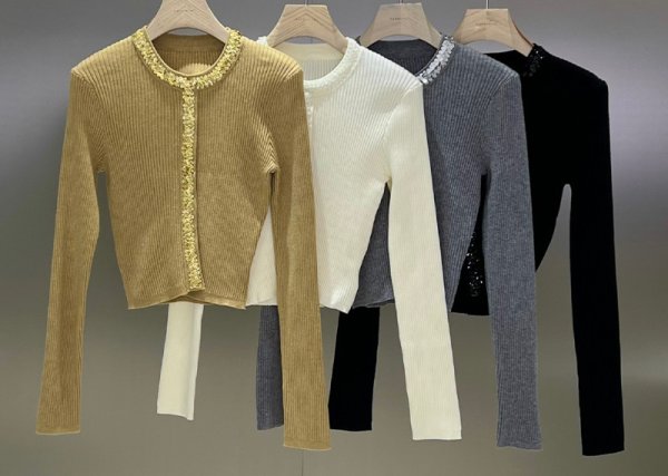 画像9: Women's Sequined round neck ribbed short sweater knit 　スパンコールラウンドネックリブ ショート丈セーター ニット (9)