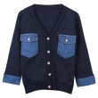 画像1: Women's Long sleeve V neck double pocket beaded slim fit commuter style knit cardigan sweater 　Vネックダブルデニムポケットビジュー長袖カーディガンセーターニット (1)