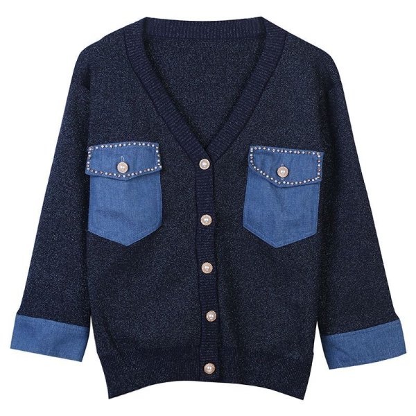 画像1: Women's Long sleeve V neck double pocket beaded slim fit commuter style knit cardigan sweater 　Vネックダブルデニムポケットビジュー長袖カーディガンセーターニット (1)