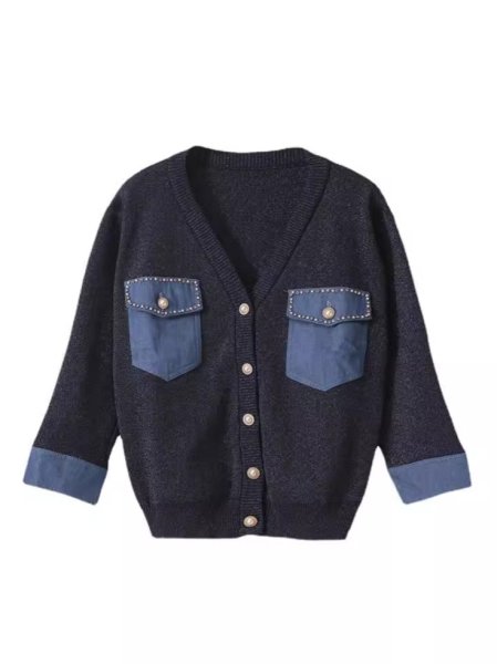 画像6: Women's Long sleeve V neck double pocket beaded slim fit commuter style knit cardigan sweater 　Vネックダブルデニムポケットビジュー長袖カーディガンセーターニット (6)