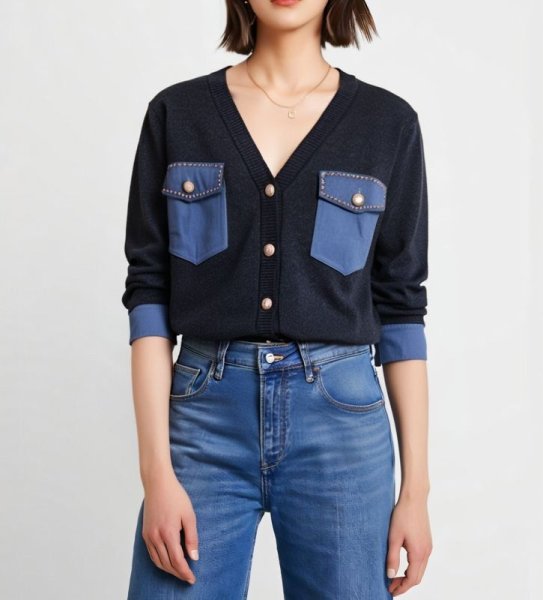 画像4: Women's Long sleeve V neck double pocket beaded slim fit commuter style knit cardigan sweater 　Vネックダブルデニムポケットビジュー長袖カーディガンセーターニット (4)