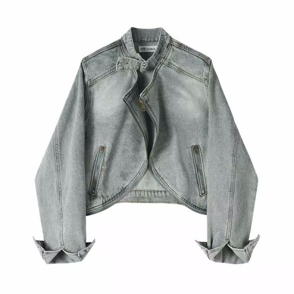 画像3: Women's Short denim modified G jacket Riders jacket　ウォッシュドショートデニム変形Gジャケット  ライダースジャケットデニムジャケットGジャン (3)
