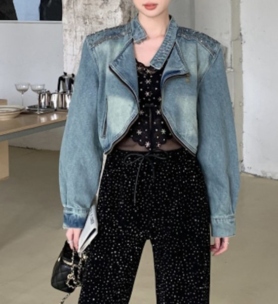 画像5: Women's Short denim modified G jacket Riders jacket　ウォッシュドショートデニム変形Gジャケット  ライダースジャケットデニムジャケットGジャン (5)