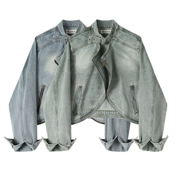画像1: Women's Short denim modified G jacket Riders jacket　ウォッシュドショートデニム変形Gジャケット  ライダースジャケットデニムジャケットGジャン (1)