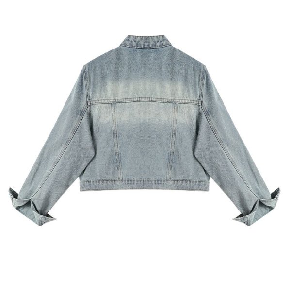 画像4: Women's Short denim modified G jacket Riders jacket　ウォッシュドショートデニム変形Gジャケット  ライダースジャケットデニムジャケットGジャン (4)