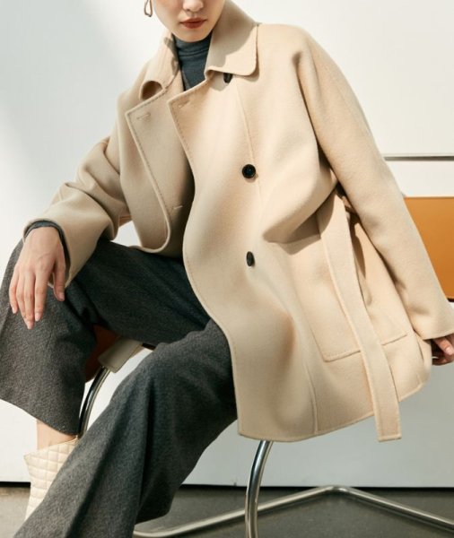 画像10: Women's Cashmere coat mid-length wool coat half-coat jacket outer 　ウールカシミア混紡ミドル丈コートジャケットアウター (10)