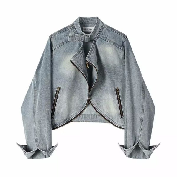 画像6: Women's Short denim modified G jacket Riders jacket　ウォッシュドショートデニム変形Gジャケット  ライダースジャケットデニムジャケットGジャン (6)