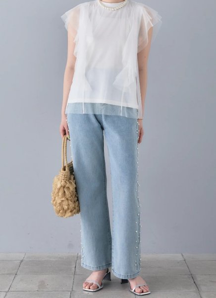 画像5: Washed Light Blue Side Pearl Straight Wide Leg Jeans Denim　ウォッシュドライトブルーサイドパールストレートワイドレッグジーンズデニムパンツ (5)